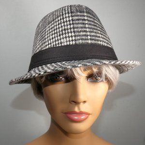 Rolled Brim Jazz Fedora Tribly Felt Cap Hat Gray Black Plaid